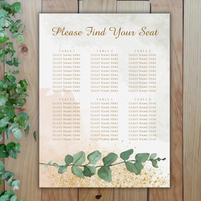 Poster Élégant Mariage Vert & Or (Elegant Green & Gold Photo Wedding Seating Chart (6 Tables))