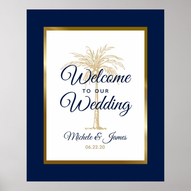 Poster Elégant Marine Blue Gold Palm Tree Mariage Bienven (Devant)