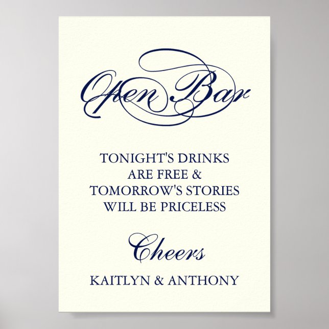 Poster Elégant Marine Blue & Ivory Script Mariage Open Ba (Devant)