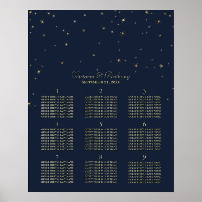 Poster Elégant Marine & Gold Falling Stars Siège Mariage (Devant)