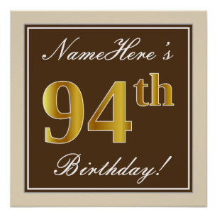 Poster Élégant, Marron, Or Faux 94e Anniversaire + Nom