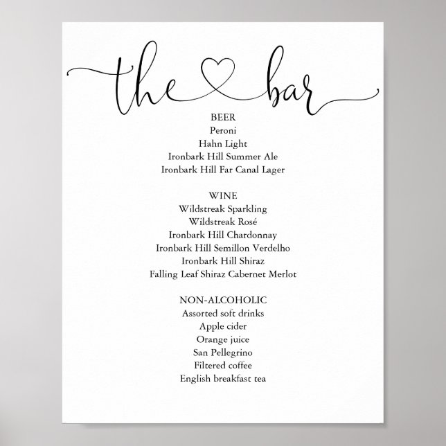 Poster Élégant Menu de la barre de script Coeur moderne (Devant)