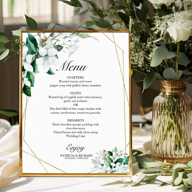 Poster Elégant menu Mariage de fleurs géométriques (Créateur téléchargé)