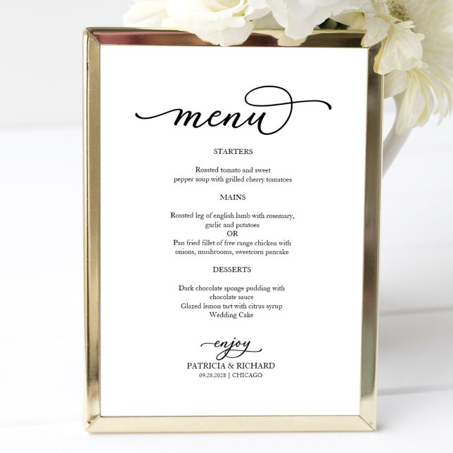 Poster Élégant menu Mariage de script noir et blanc (Créateur téléchargé)