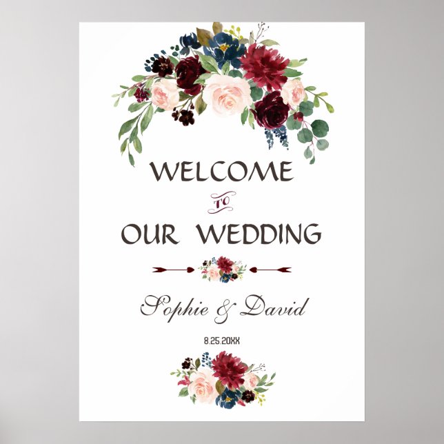 Poster Élégant Merlot Navy Blue Floral Mariage (Devant)
