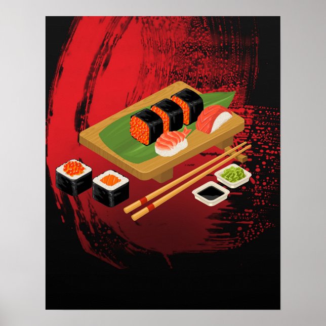 Poster Élégant Moderne Chic Sushi Noir & Rouge (Devant)