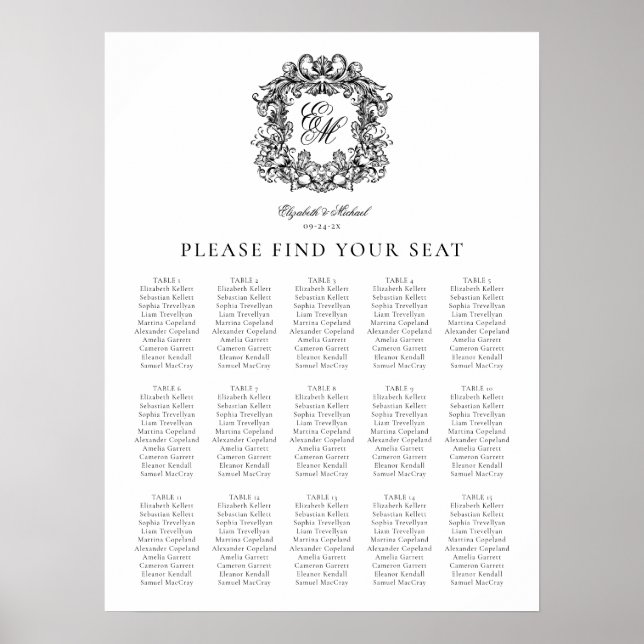 Poster Élégant Monogramme Crest Mariage de siège graphiqu (Devant)