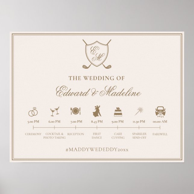 Poster Élégant Monogramme de crête Golf Mariage (Devant)
