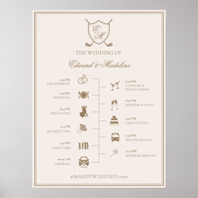 Poster Élégant Monogramme de crête Golf Mariage (Devant)