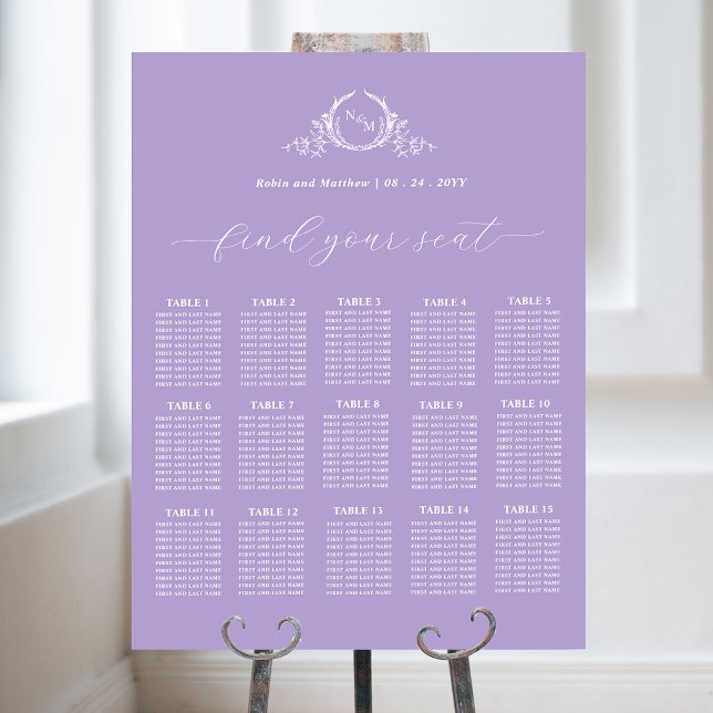 Poster Élégant Monogramme Mariage Plat-Siège Violet Panne (Créateur téléchargé)