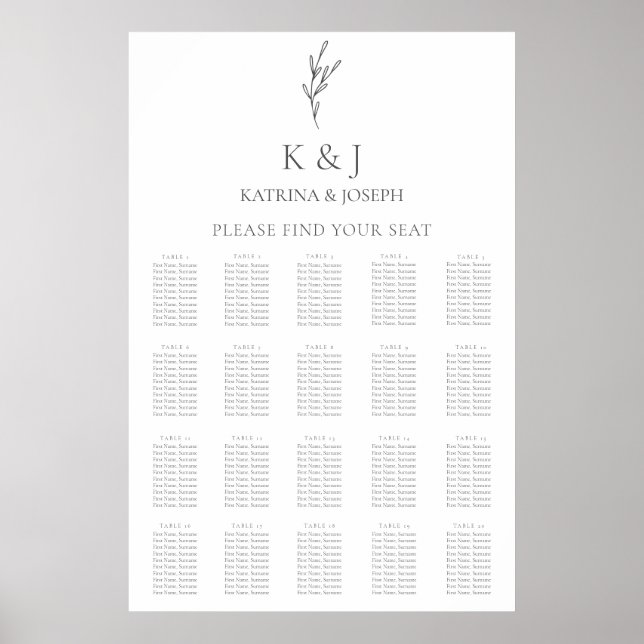 Poster Élégant Monogramme Mariage Platine de siège minima (Devant)