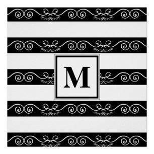 Poster Élégant monogramme noir blanc rayé design