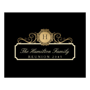 Poster Élégant Monogramme Or Reunion Famille Noir