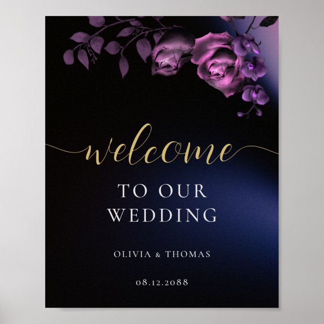 Poster Élégant Moody moderne noir violet Mariage Floral (Devant)