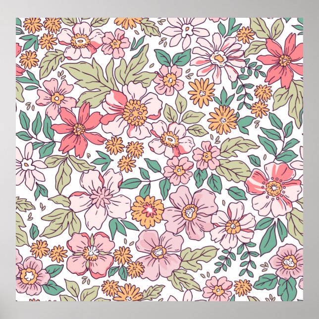 Poster Elégant motif floral dans petite fleur dessinée à  (Devant)