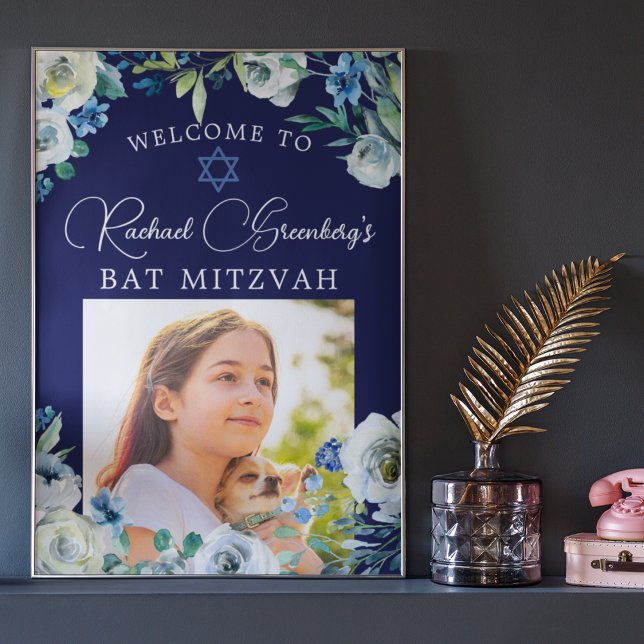 Poster Elegant Navy Blue Floral Photo Bat mitzvah Bienven (Créateur téléchargé)
