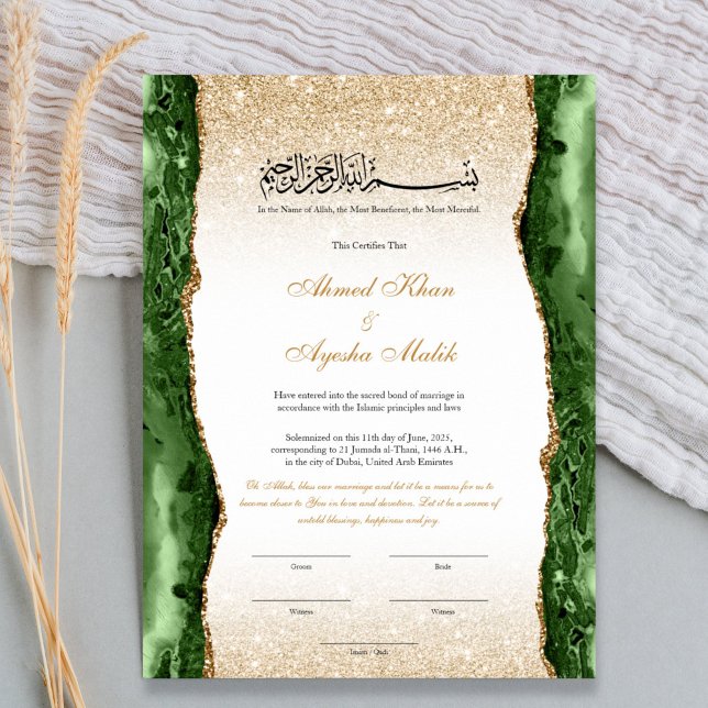 Poster Elegant Nikkah Certificate Muslim Islamic Wedding (Islamic Nikah certificate template with Arabic and English calligraphy, elegant floral frame, Bismil)