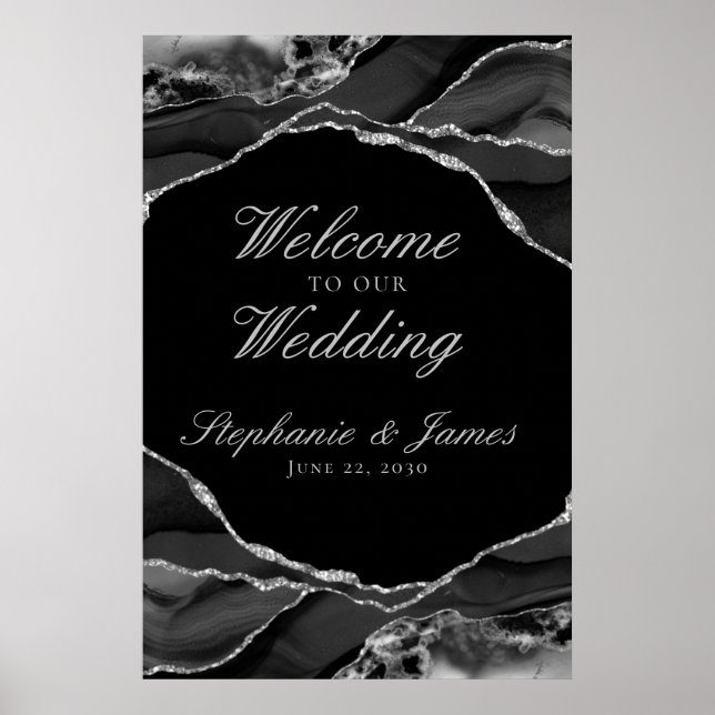 Poster Elégant noir argenté Agate Mariage Bienvenue (Devant)