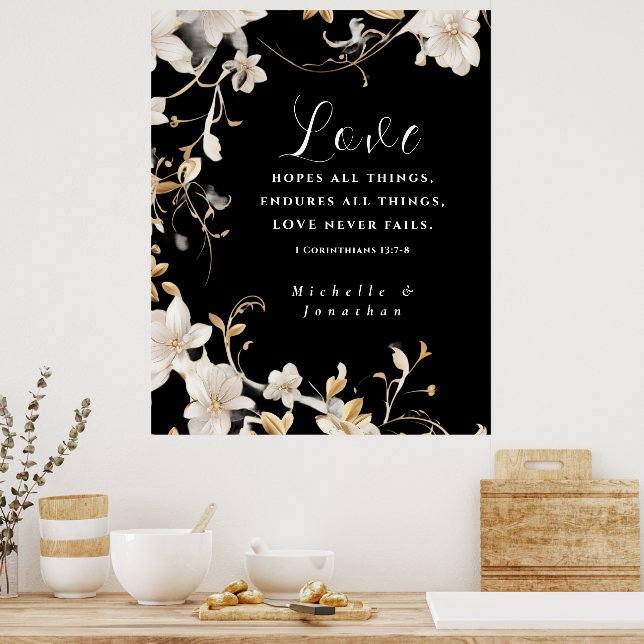Poster Élégant Noir Blanc Floral Mariage Christian Bible (Cuisine)