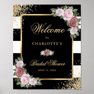 Poster Élégant Noir Blush Floral Fête des mariées Signal