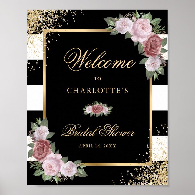 Poster Élégant Noir Blush Floral Fête des mariées Signal (Devant)