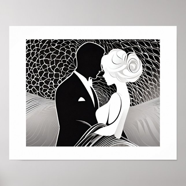 Poster Élégant noir et blanc amoureux couple Embrasser (Devant)