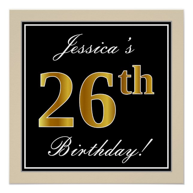 Poster Elégant, Noir, Faux Or 26ème Anniversaire + Nom (Devant)