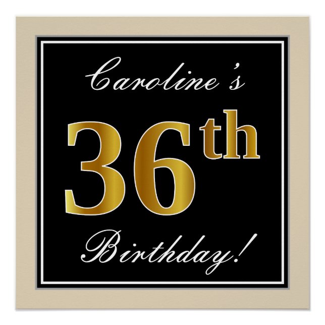 Poster Elégant, Noir, Faux Or 36ème Anniversaire + Nom (Devant)