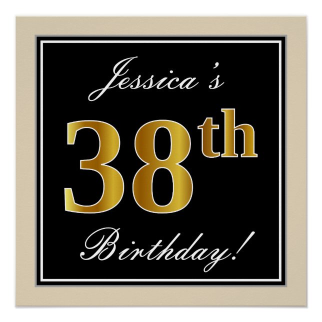 Poster Elégant, Noir, Faux Or 38ème Anniversaire + Nom (Devant)