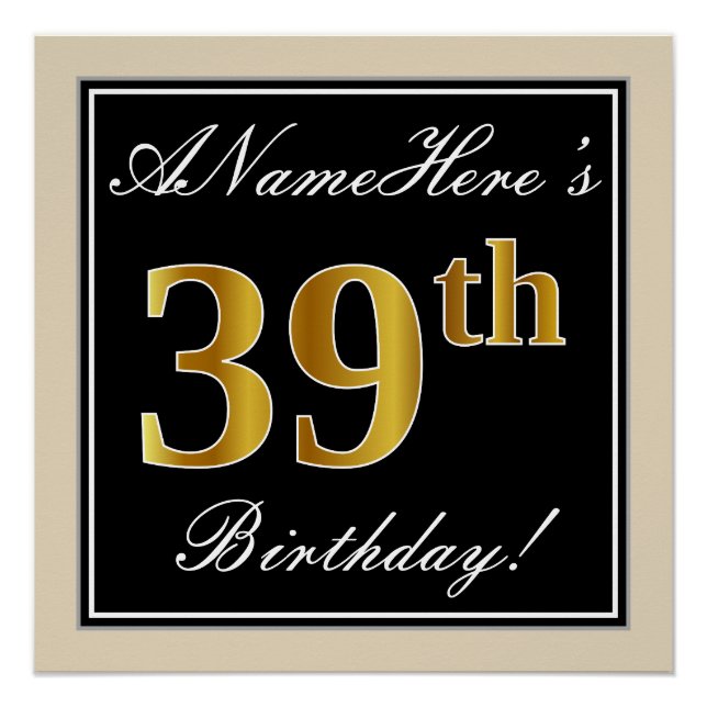 Poster Elégant, Noir, Faux Or 39ème Anniversaire + Nom (Devant)