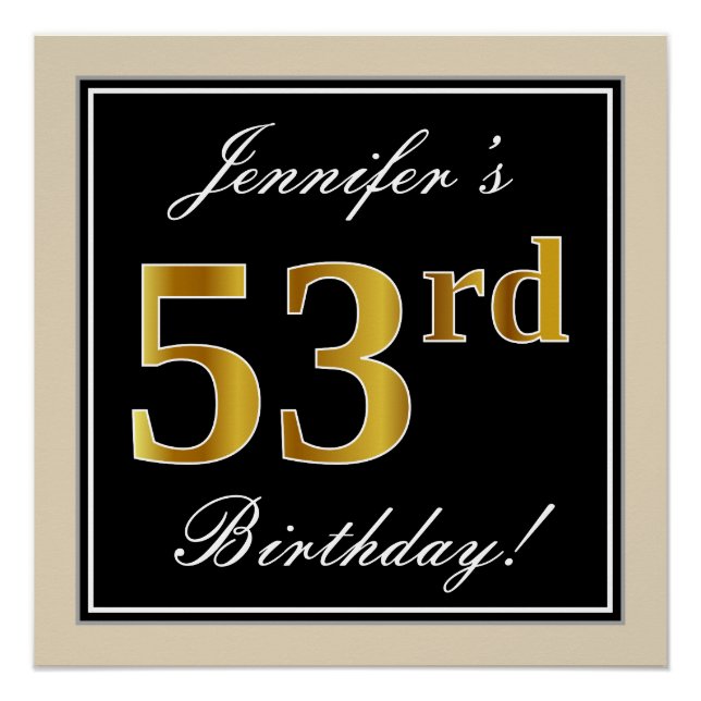 Poster Elégant, Noir, Faux Or 53ème Anniversaire + Nom (Devant)