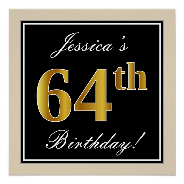Poster Elégant, Noir, Faux Or 64ème Anniversaire + Nom (Devant)