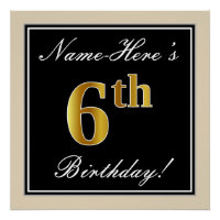 Elégant, Noir, Faux Or 6ème anniversaire + Nom