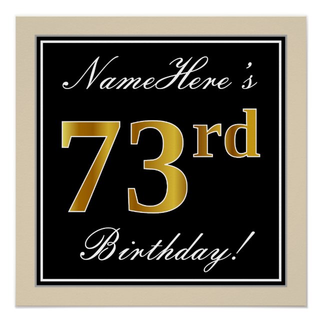 Poster Elégant, Noir, Faux Or 73ème Anniversaire + Nom (Devant)