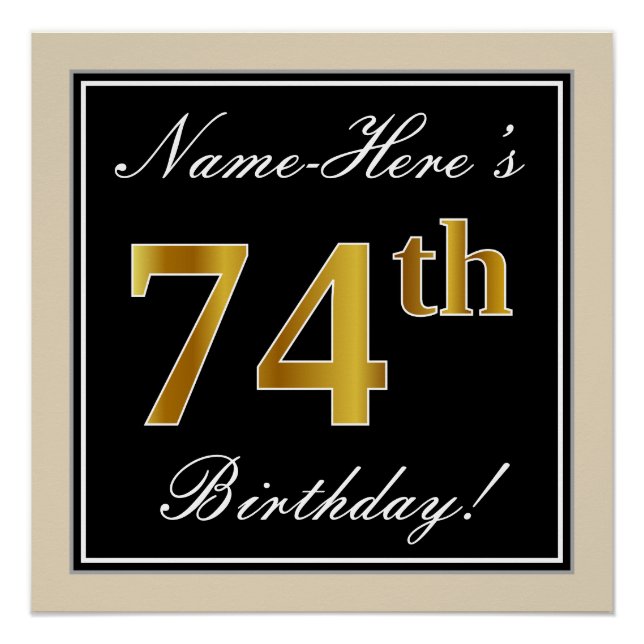 Poster Elégant, Noir, Faux Or 74ème Anniversaire + Nom (Devant)