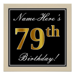 Poster Elégant, Noir, Faux Or 79ème Anniversaire + Nom