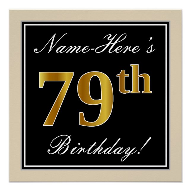 Poster Elégant, Noir, Faux Or 79ème Anniversaire + Nom (Devant)