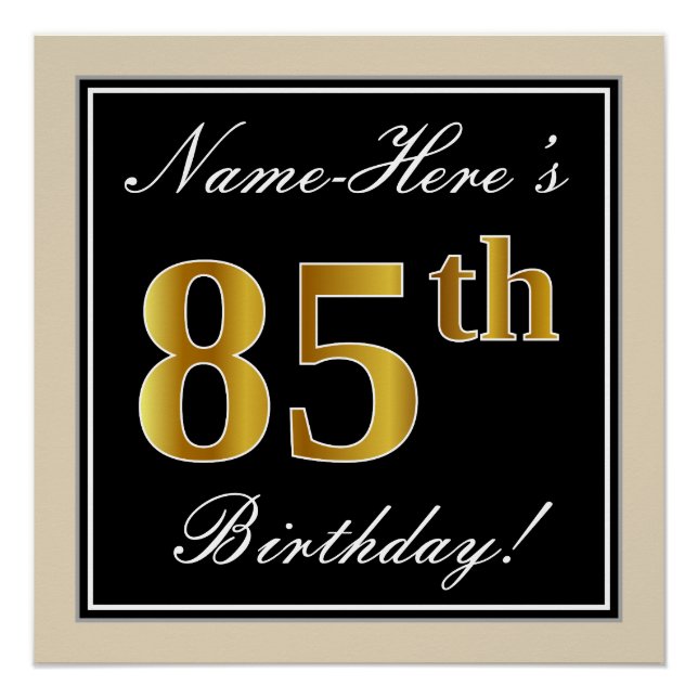 Poster Elégant, Noir, Faux Or 85ème Anniversaire + Nom (Devant)