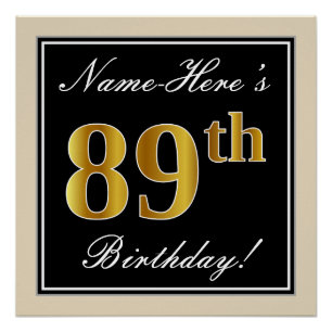 Poster Elégant, Noir, Faux Or 89ème Anniversaire + Nom