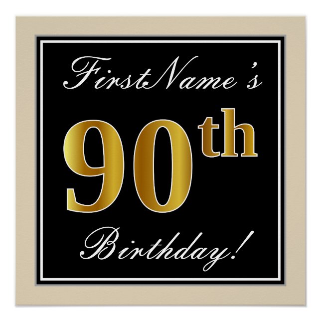 Poster Elégant, Noir, Faux Or 90ème Anniversaire + Nom (Devant)