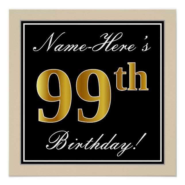 Poster Elégant, Noir, Faux Or 99ème Anniversaire + Nom (Devant)