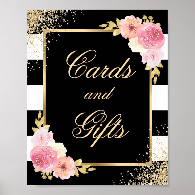 Poster Élégant Noir Floral Cartes de Mariage et Cadeaux S (Devant)