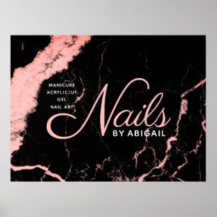 Poster Élégant Noir & Rose Marbre Clous Par "Nom"