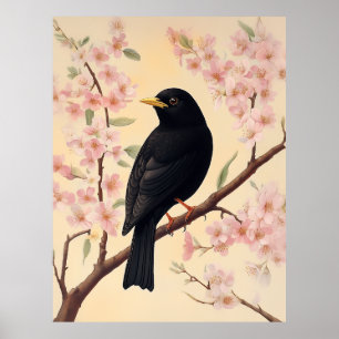 Poster Élégant oiseau noir en fleurs