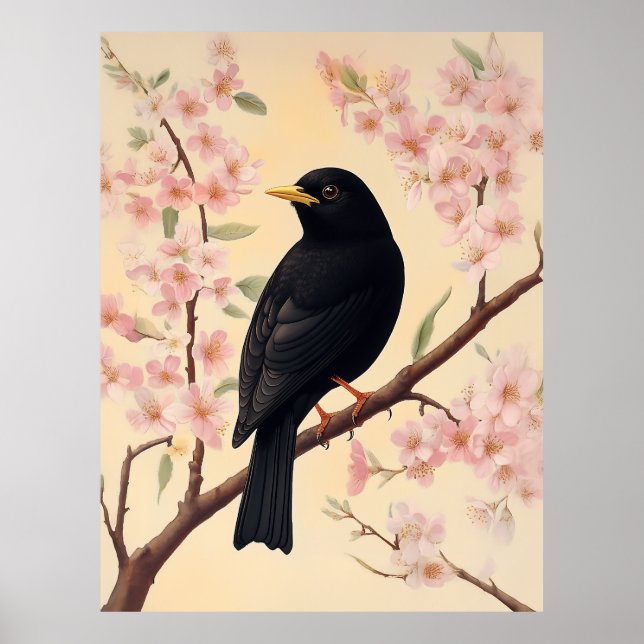 Poster Élégant oiseau noir en fleurs (Devant)