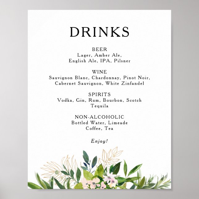 Poster Élégant Olive Greenery Mariage Boissons Menu Signe (Devant)