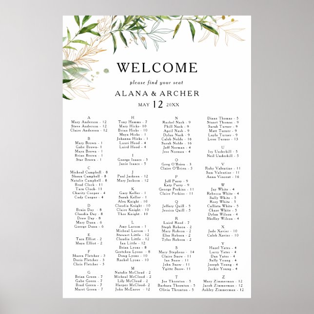 Poster Élégant Olive Greenery Organigramme alphabétique (Devant)