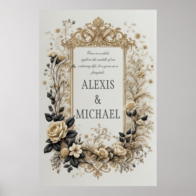 Poster Élégant or et gris floral (Devant)