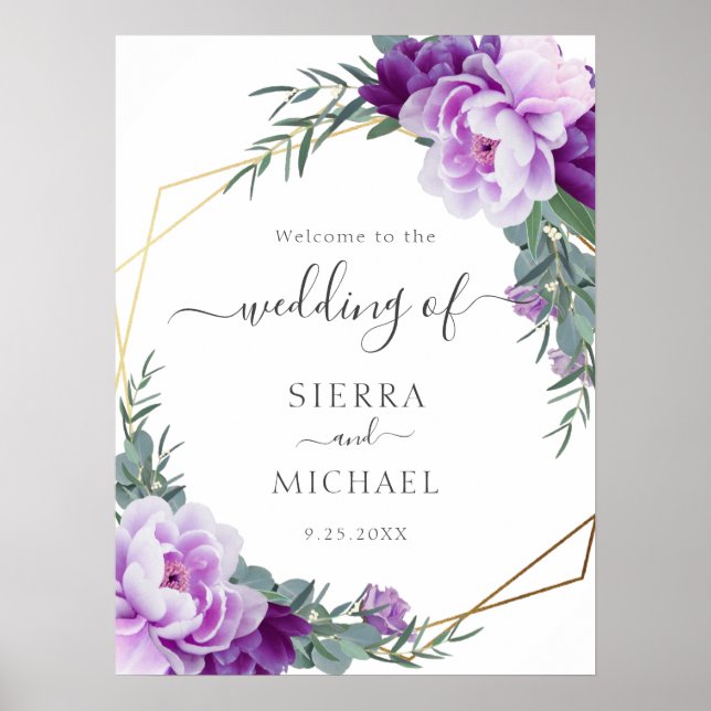 Poster Elégant or et violet Mariage d'Eucalyptus Floral (Devant)