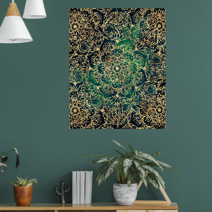 Poster Elégant or Mandala Floral Vert bleu